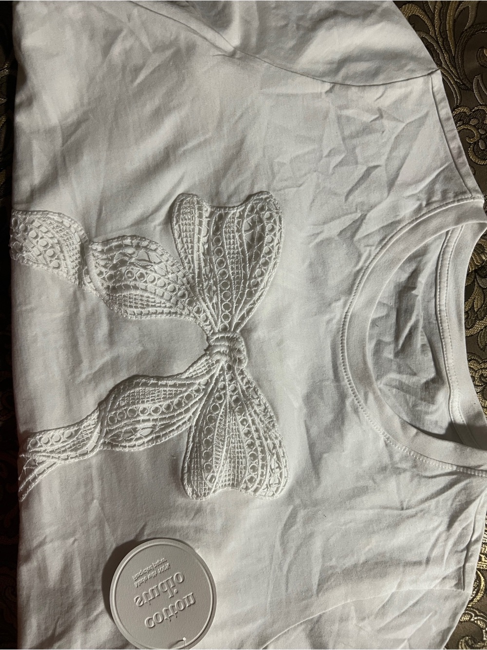 White Embroidered Bow Tee